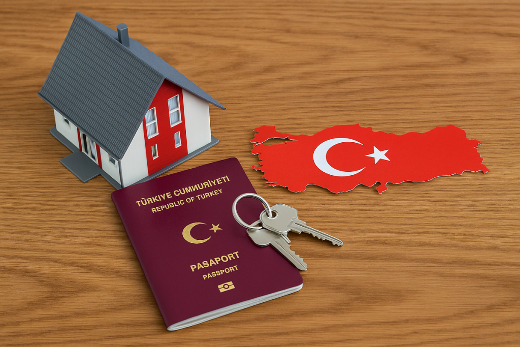 A symbolic image representing the process of acquiring Turkish citizenship by purchasing property in Antalya, featuring a model house, Turkish passport, keys, and a map of Turkey