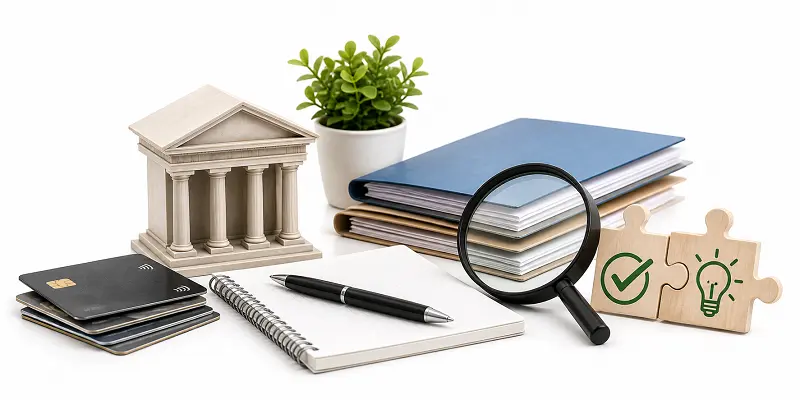Common challenges and solutions when opening a bank account in Turkey for foreigners, illustrated with documents, magnifying glass, and checklist concept