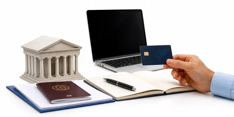 Step-by-step process of opening a bank account in Turkey for foreigners, showing passport, credit card, and online banking application on a laptop