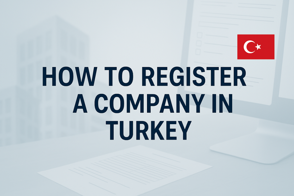 A modern illustration representing how to register a company in Turkey, with visual elements symbolizing business setup and legal procedures for foreigners.