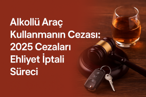 2025 yılı alkollü araç kullanma cezası, ehliyet iptali süreci ve kazaya sebebiyet durumunda uygulanacak cezai yaptırımları anlatan Türkçe infografik. Görselde araç anahtarı, içki bardağı ve mahkeme tokmağı yer almakta.