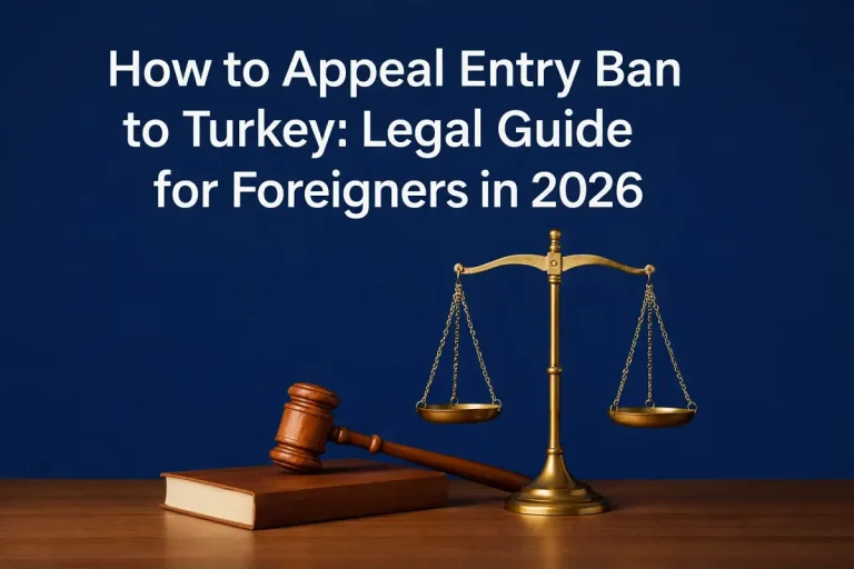 A gavel, legal book, and balanced scales of justice placed on a wooden table under the title “How to Appeal Entry Ban to Turkey: Legal Guide for Foreigners in 2026” on a dark blue background.