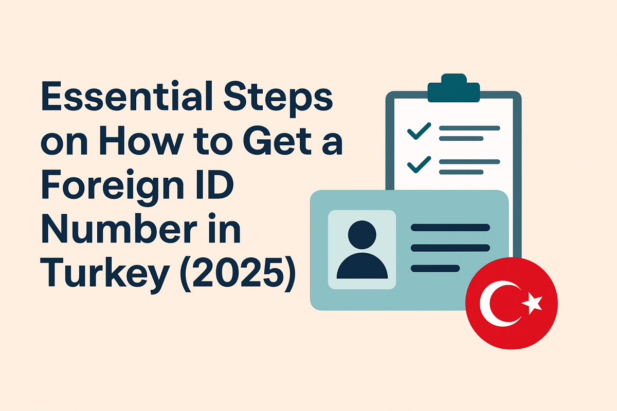 Illustration of ID card, checklist, and Turkish flag icon with the title "Essential Steps on How to Get a Foreign ID Number in Turkey (2025)"