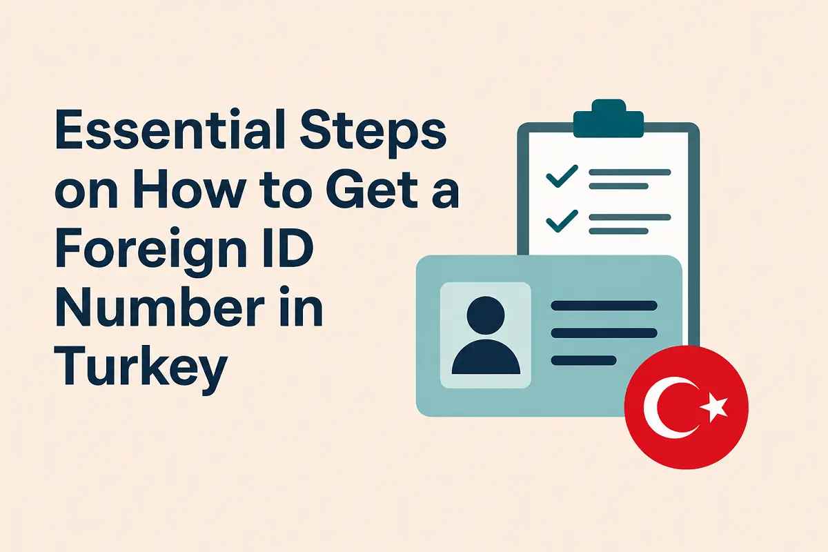 Illustration of ID card, checklist, and Turkish flag icon with the title "Essential Steps on How to Get a Foreign ID Number in Turkey