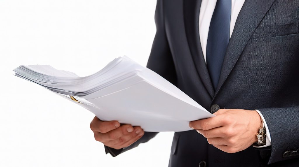 Bir avukatın elinde belgelerle durduğu bu görsel, özel evrakta sahtecilik suçu (TCK 207) kapsamında yürütülen hukuki süreci, 2025 cezalarını ve savunma stratejilerini simgelemektedir.