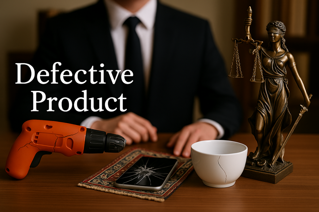 A lawyer sitting behind a desk with broken products in front—a cracked drill, shattered phone, and damaged Turkish rug—alongside the Lady Justice statue, symbolizing defective product purchased in turkey and consumer rights for foreigners in 2025.