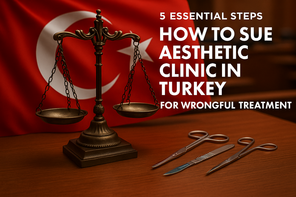 Scales of justice in front of Turkish flag with surgical tools, representing legal action against aesthetic clinics in Turkey.