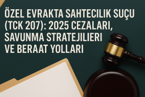 Özel evrakta sahtecilik suçu (TCK 207) ile ilgili 2025 cezaları, etkili savunma stratejileri ve beraat yollarını konu alan hukuk makalesinin öne çıkan görseli.