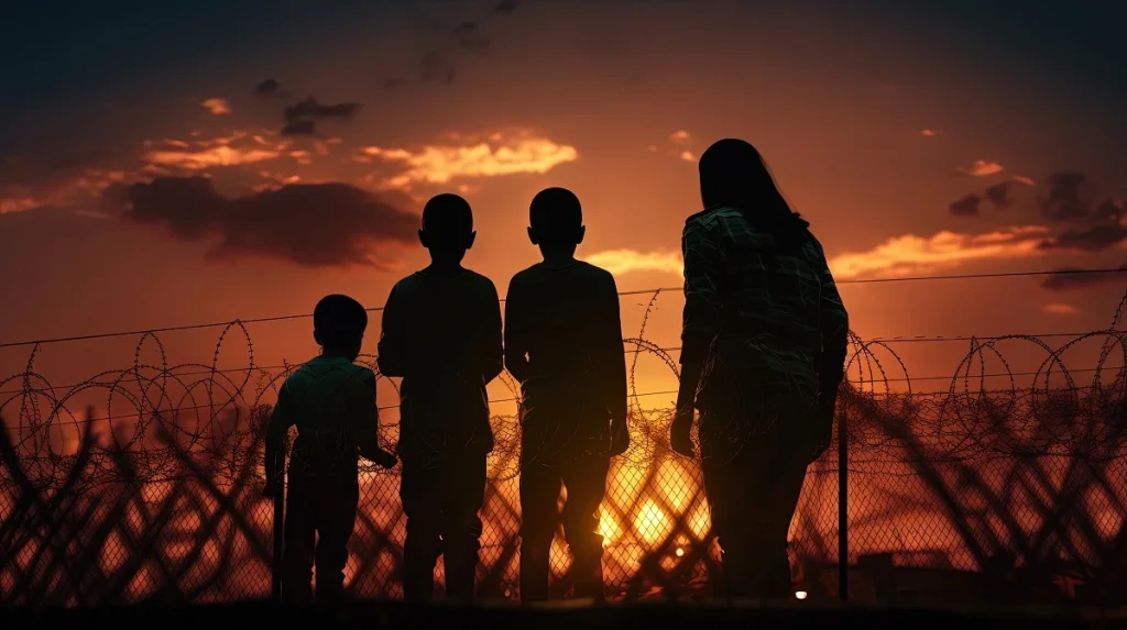 Mother and three children standing near barbed wire fence at sunset – vulnerable family seeking release from Antalya removal center through legal steps