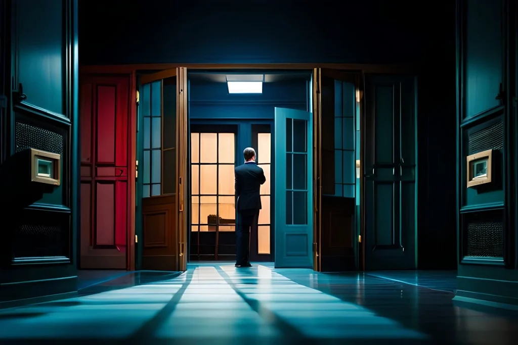 A suited man standing in the middle of multiple open doors under blue and red lights — illustrating the process of How to Check if You're Banned from Entering Turkey.