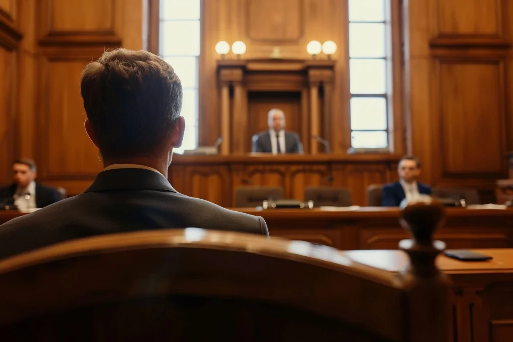 Back view of a lawyer in a courtroom with judge and court officials depicting legal proceedings related to Turkey visa overstay entry bans.
