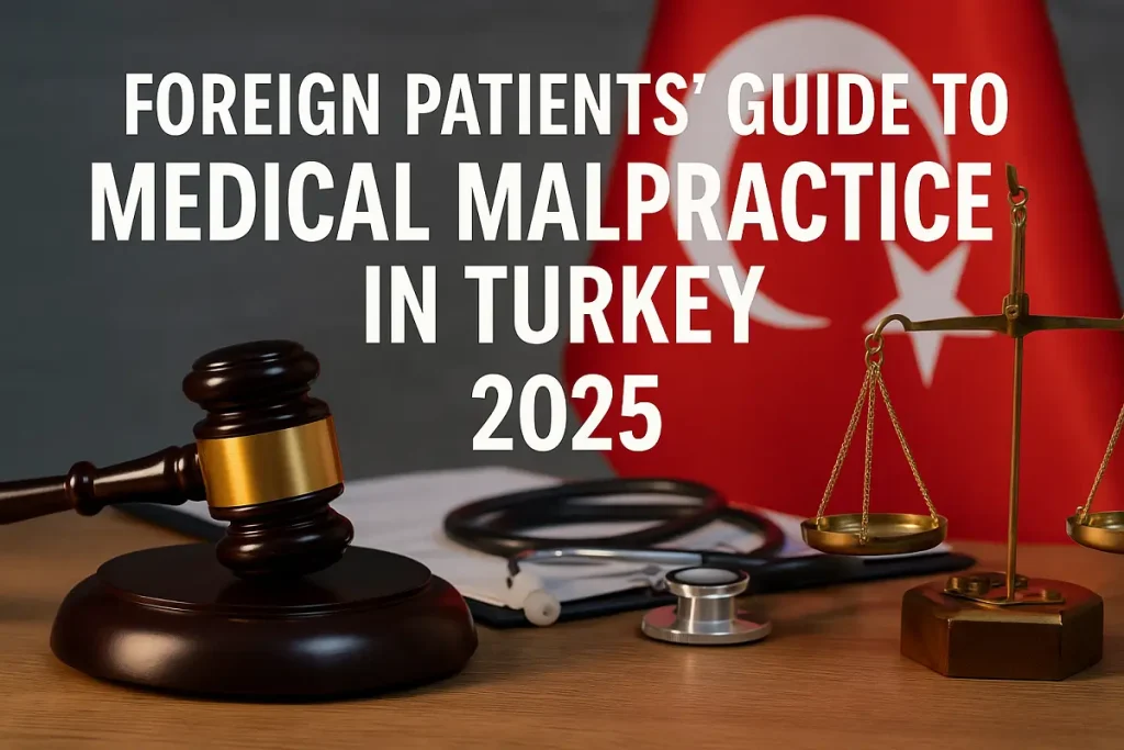 Legal concept of Medical Malpractice in Turkey for foreign patients, featuring a gavel, stethoscope, scales of justice, and Turkish flag – 2025 guide cover.