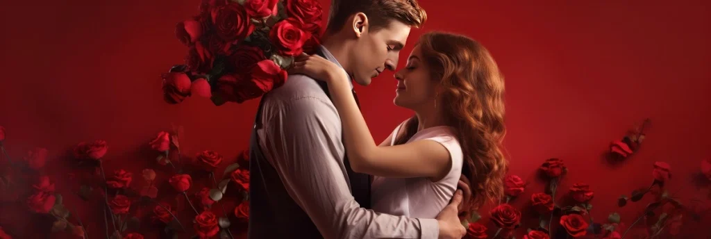 Happy couple surrounded by roses – visual metaphor for manipulated trust and affection in romance scams targeting victims in Turkey