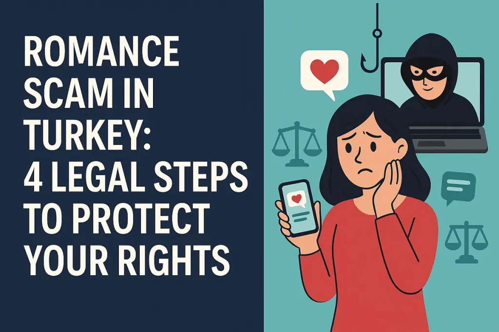 Worried woman holding smartphone showing heart icon, targeted by romance scammer on laptop — legal protection steps for romance scam in Turkey illustrated.