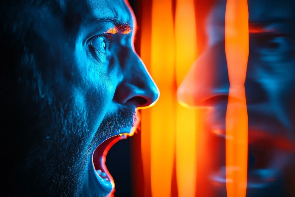 Öfkeyle bağıran bir adam ve kırmızı-turuncu ışıklar arasında soyut parmaklık efekti; tehdit suçu beraat etmenin duygusal etkisini ve cezai sonuçlarını simgeliyor.