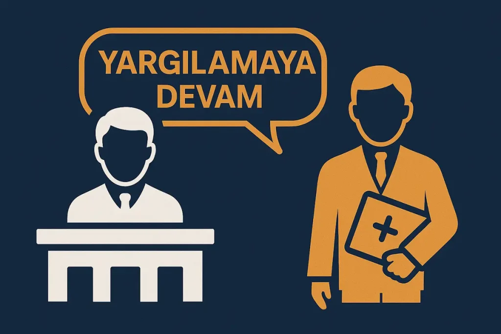 Tehdit suçu davasında yargılamaya devam kararı verilen bir duruşma sahnesini temsilen, hâkimi ve savunma avukatını sembolize eden çizim. Görsel, ‘Tehdit Suçu Beraat’ konulu bir blog yazısını desteklemek amacıyla hazırlanmıştır.