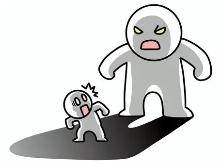 Büyük ve öfkeli bir figürün, korkmuş küçük bir kişiye bağırdığı çizgi karakter illüstrasyonu; tehdit, korku ve fail-mağdur ilişkisini simgeliyor.