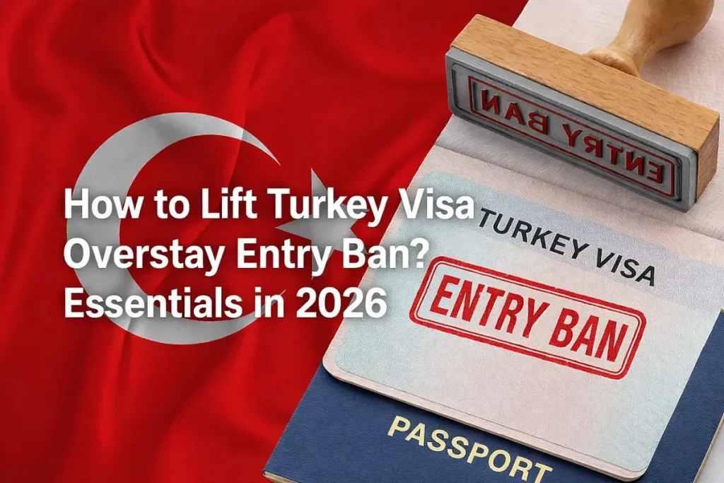 Turkish flag and passport with the title "How to lift Turkey visa overstay entry ban? - Essentials in 2026" representing visa and entry ban issues.