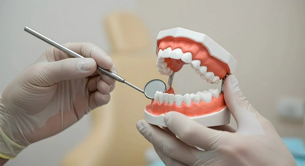 Diş Hekimliğinde Malpraktis kapsamında diş modeli üzerinde muayene yapan bir diş hekiminin elleri ve aletleri.