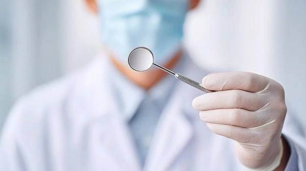 Diş Hekimliğinde Malpraktis davalarıyla ilgili makale için doktor, muayene aynası tutuyor, hasta muayenesini simgeliyor.