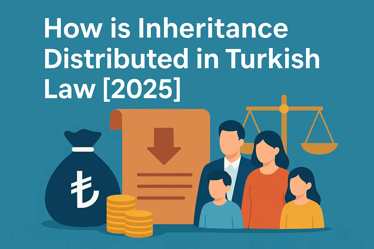 Illustration representing How is Inheritance Distributed in Turkish Law [2025], showing Turkish lira, a legal document, a family of four, and scales of justice for estate distribution.
