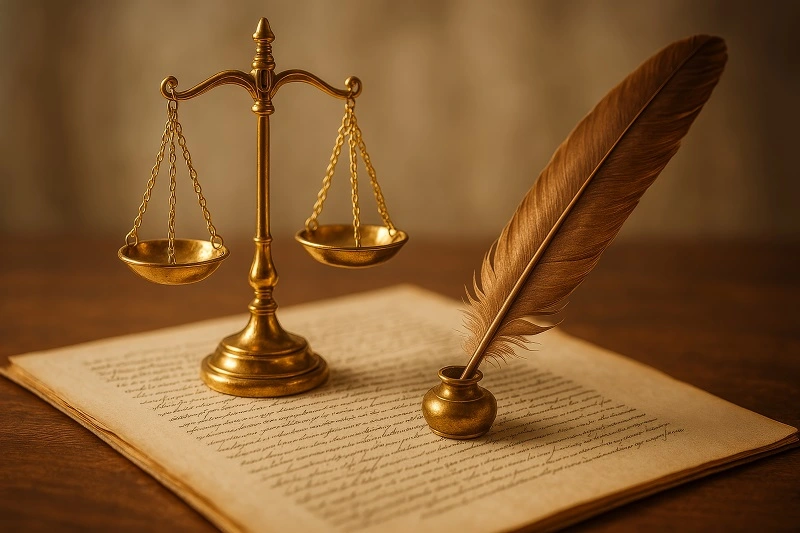 Golden scales of justice and a quill pen on an old legal document, symbolizing How is Inheritance Distributed in Turkish Law [2025] and estate distribution procedures.