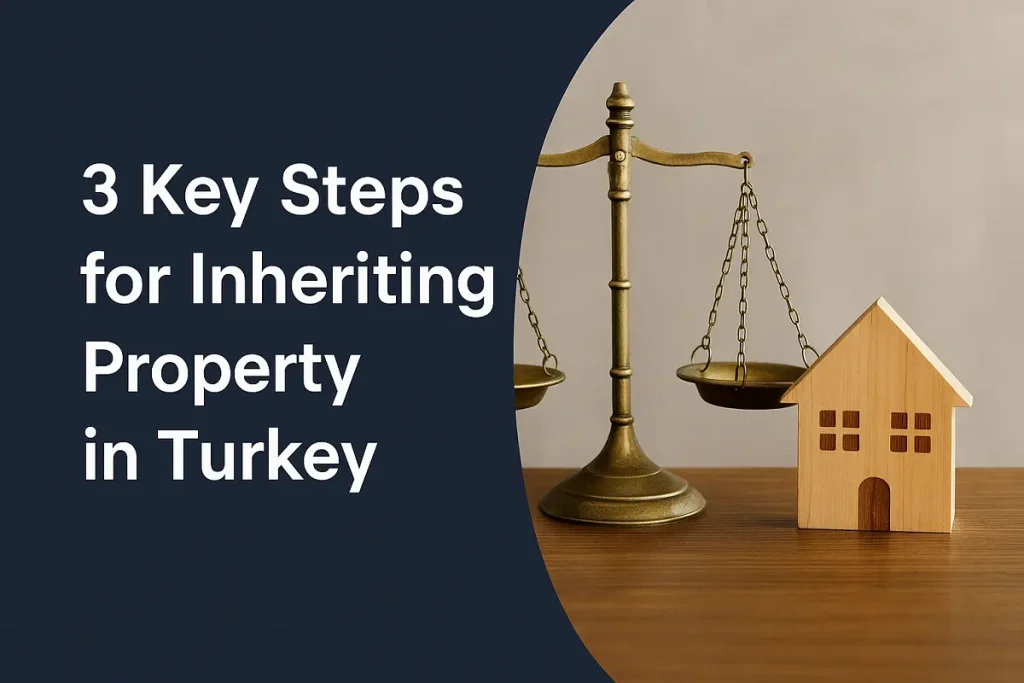 Brass scales of justice and a small wooden house symbolizing the legal process of inheriting property in Turkey