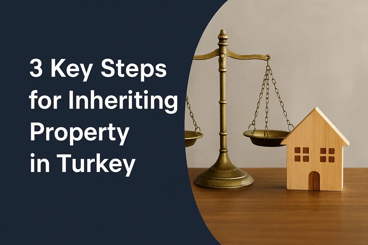 Brass scales of justice and a small wooden house symbolizing the legal process of inheriting property in Turkey