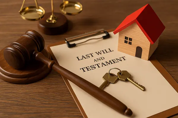 A last will and testament document with a gavel, house model, and keys, representing the legal framework of inheriting property in Turkey.