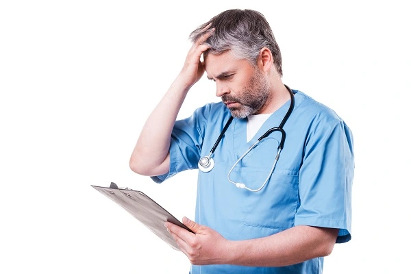 A concerned doctor in Turkey holding his head while reading medical documents, symbolizing stress or realization in a liposuction malpractice case.