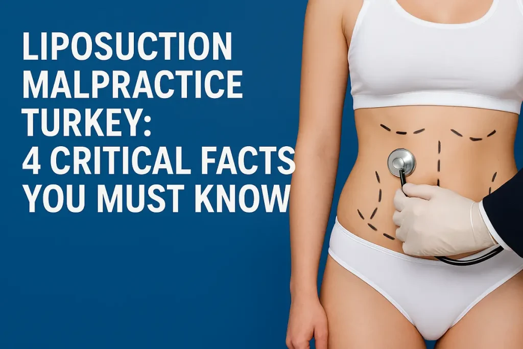 Featured image for the blog Liposuction Malpractice Turkey, showing a woman's abdomen marked for liposuction and a doctor examining her with a stethoscope on a blue background.