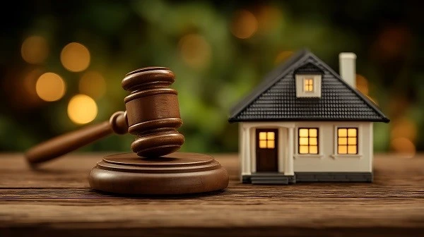 Miras Kalan Evin İçinde Mirasçılardan Oturan Varsa durumunda tahliye ve ecrimisil davasını temsil eden hakim tokmağı ve ev maketi.