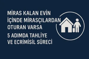 Miras Kalan Evin İçinde Mirasçılardan Oturan Varsa – 5 adımda tahliye ve ecrimisil süreci hakkında hukuki bilgi veren infografik.