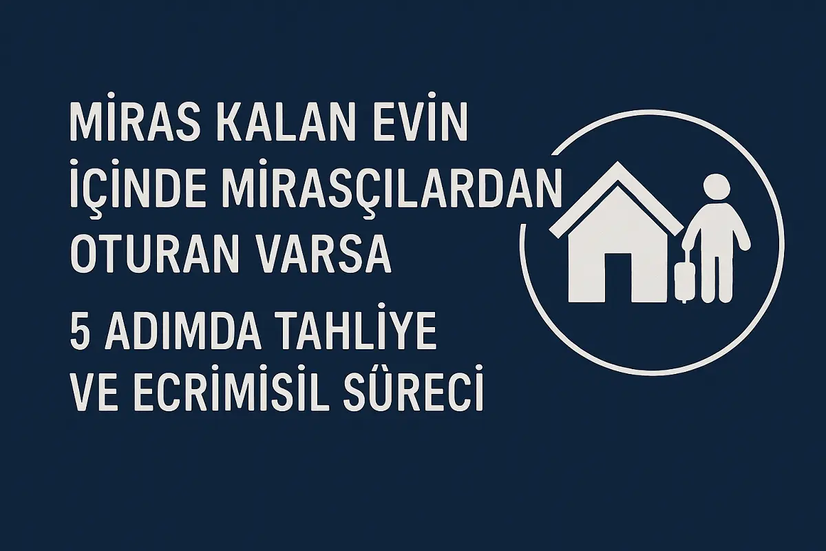 Miras Kalan Evin İçinde Mirasçılardan Oturan Varsa – 5 adımda tahliye ve ecrimisil süreci hakkında hukuki bilgi veren infografik.