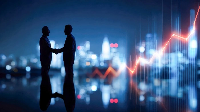 Business people shaking hands in front of financial growth chart, symbolizing successful completion of Make Share Transfer of a Turkish Company for foreign investors.
