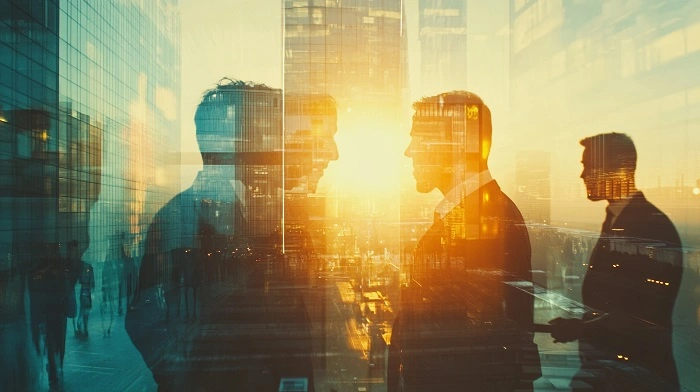 Foreign business professionals discussing legal procedures at sunset cityscape, focusing on how to Make Share Transfer of a Turkish Company smoothly.