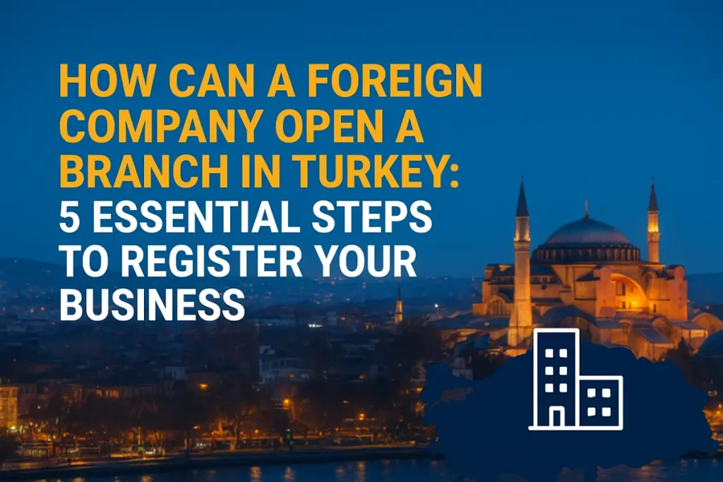 How Can a Foreign Company Open a Branch in Turkey – illustration of business registration steps with Istanbul background and Hagia Sophia at night.