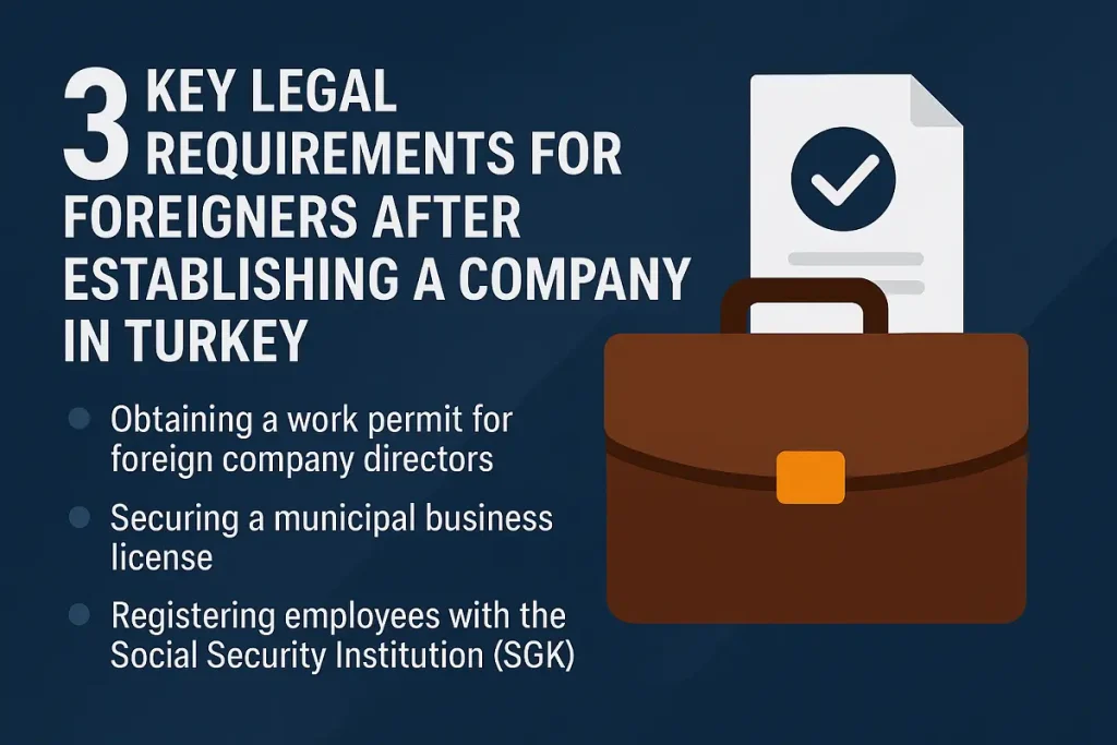 Infographic showing 3 key Legal Requirements for Foreigners After Establishing a Company in Turkey, including work permit, municipal business license, and SGK registration.