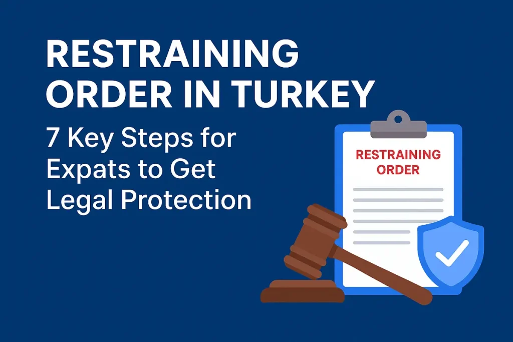 Illustration of legal protection for expats with gavel and document showing Restraining Order in Turkey.