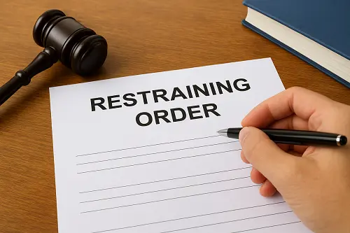 Person filling out legal paperwork for Restraining Order in Turkey with gavel on the desk.