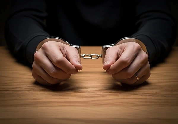 Kelepçeli bir adamın gözaltı sahnesi, Uzaklaştırma Kararı sürecinde şiddet faillerine yönelik hukuki yaptırımı temsil ediyor.