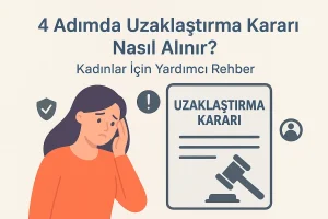 Kadınlar için hazırlanan 4 adımda Uzaklaştırma Kararı Nasıl Alınır rehberini anlatan bilgilendirici görsel.