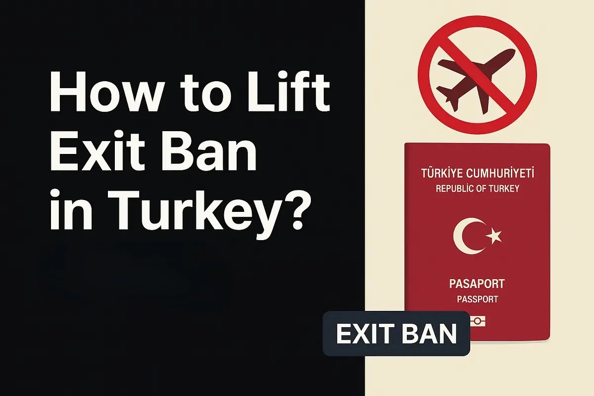 Illustration showing a Turkish passport and airplane prohibition sign representing Exit Ban in Turkey