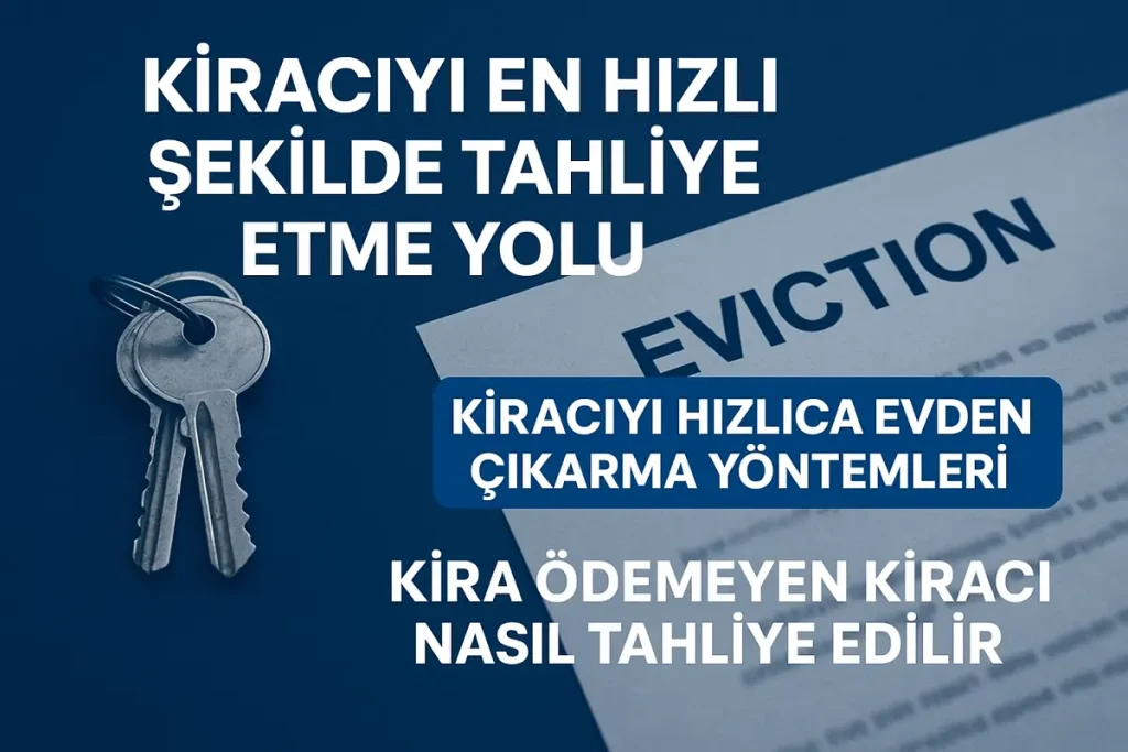 Kiracıyı En Hızlı Şekilde Tahliye Etme Yolu hakkında bilgi veren görsel, anahtar ve tahliye belgesi üzerinde 'Eviction' yazısı bulunan tematik fotoğraf.