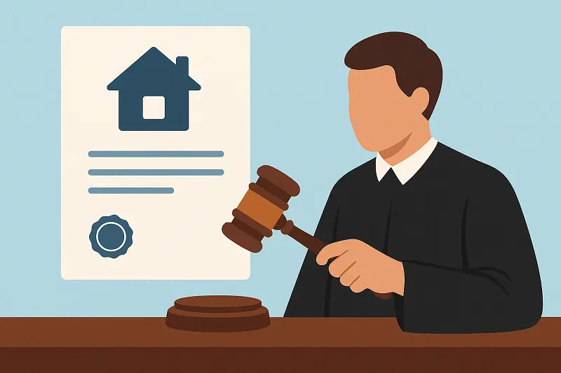 Kiracıyı En Hızlı Şekilde Tahliye Etme Yolu makalesinde, kiralanan taşınmazın ilamsız icra yoluyla tahliyesini temsil eden hâkim ve ev belgesi içeren illüstrasyon.