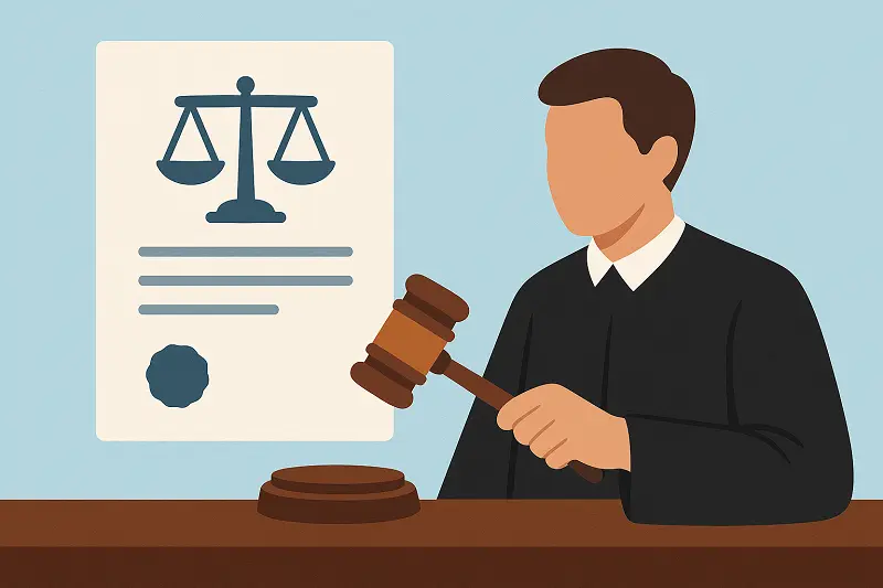 Kiracıyı En Hızlı Şekilde Tahliye Etme Yolu yazısında, tahliye kararı alınmasını ve itirazın iptali davasını simgeleyen hâkim, tokmak ve adalet terazisi bulunan görsel.