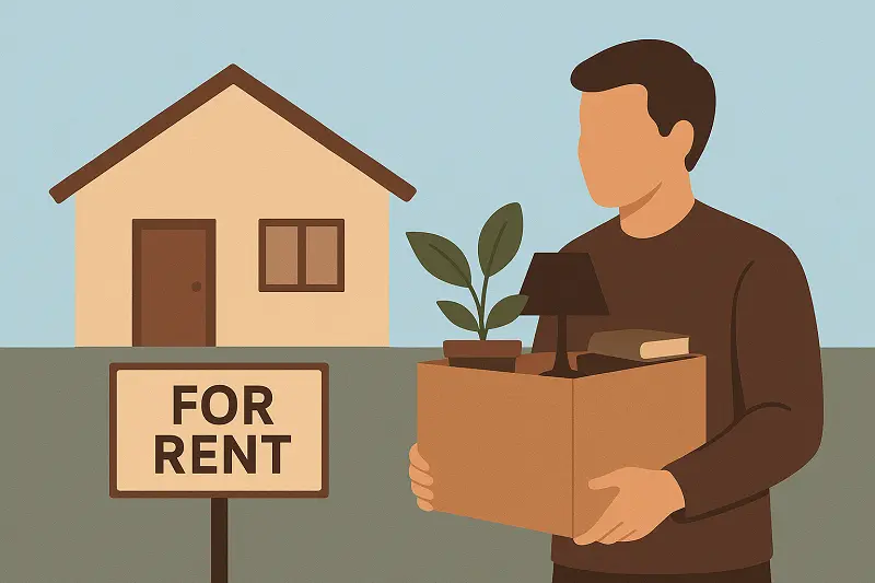 Kiracıyı En Hızlı Şekilde Tahliye Etme Yolu kapsamında tahliyenin gerçekleştirilmesi adımını temsil eden görsel: kiralık ev önünde eşyalarını taşıyan kiracı ve “for rent” tabelası.