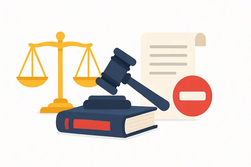 Legal symbols including scales of justice, gavel, and documents illustrating legal procedures to lift Exit Ban in Turkey.