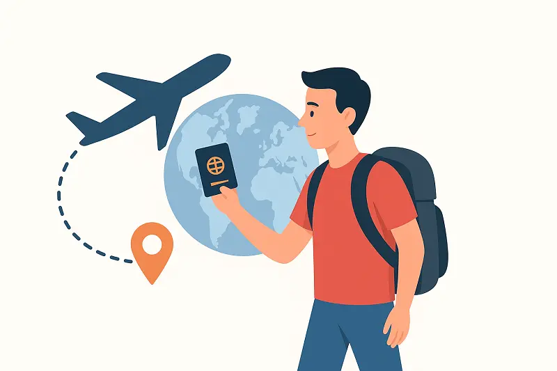Traveler holding passport and walking towards airplane symbolizing regained freedom after lifting Exit Ban in Turkey.