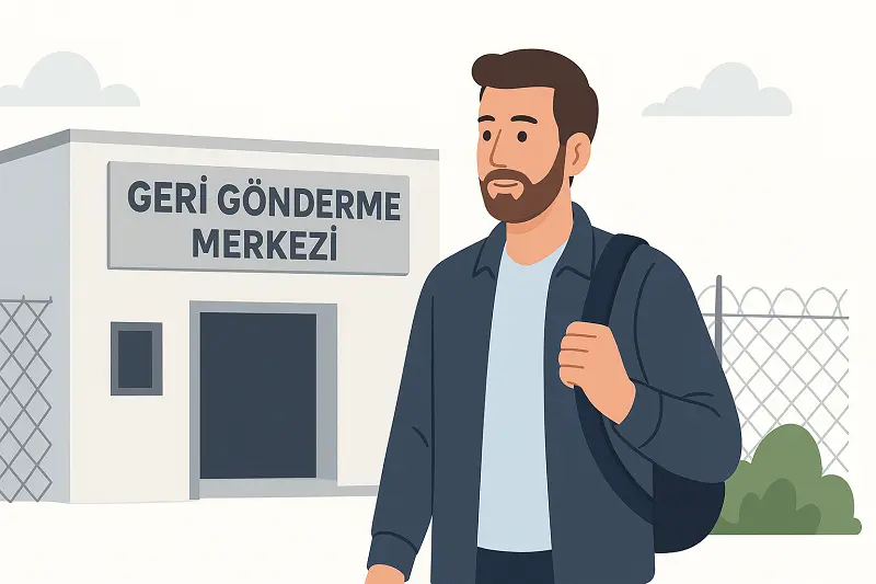 Geri Gönderme Merkezinden Nasıl Çıkılır sürecine dair gerçek bir olay hikâyesini temsil eden görsel; Antalya Geri Gönderme Merkezi’nden serbest kalan yabancının yaşadıklarını ve hukuki destek sürecini anlatan illüstrasyon.